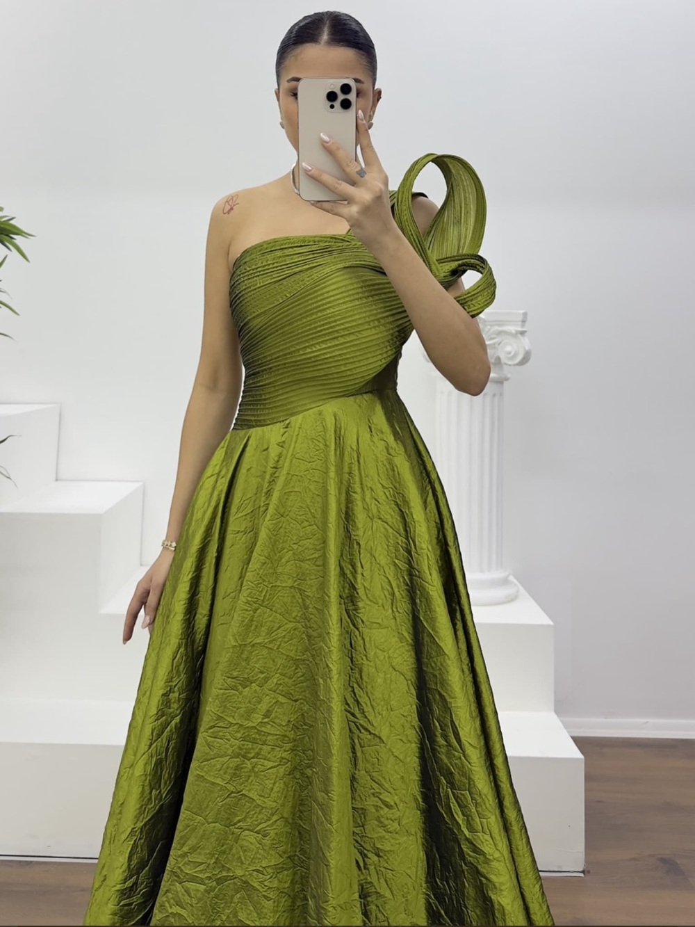 One-Shoulder Olive Green Ball Gown Dress - Picture 3 of 3
